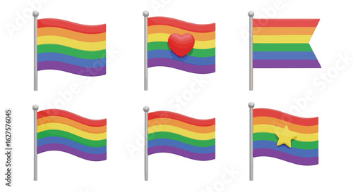 Rainbow flags with various designs representing pride inclusion and social movements