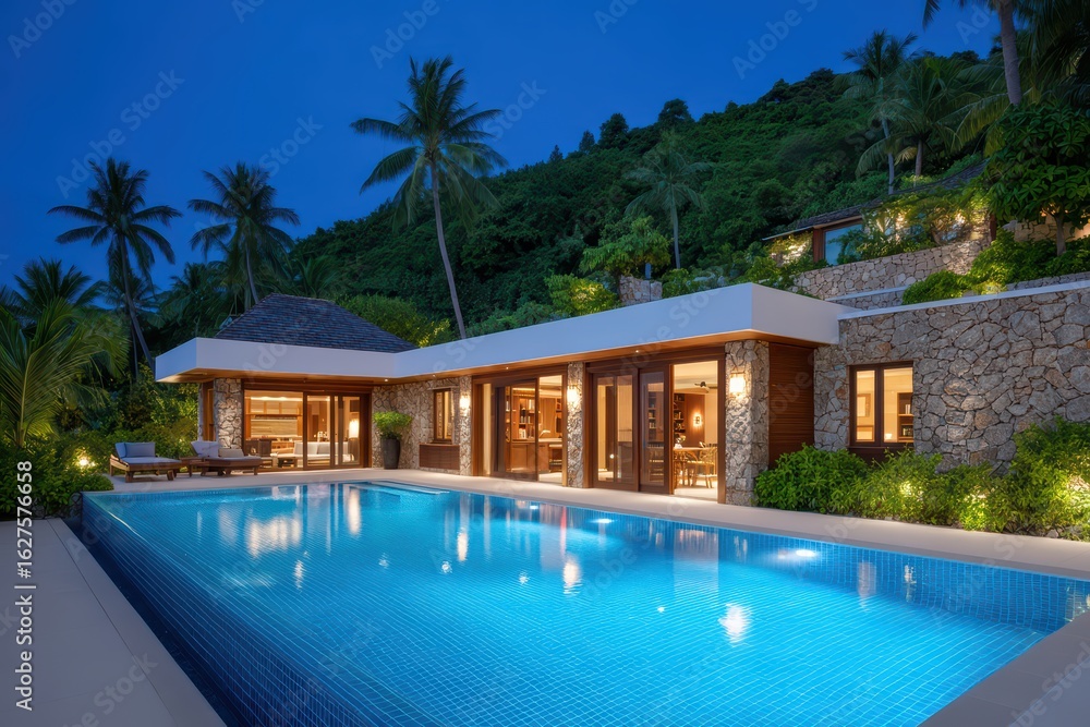 Fototapeta premium Serene Modern Villa with Pool Surrounded by Lush Nature