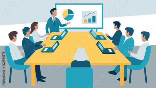 A business presentation with a man presenting charts to colleagues around a yellow conference table