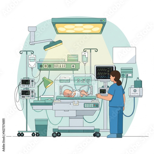 A nurse attends to a newborn baby inside an incubator in a hospital neonatal intensive care unit.