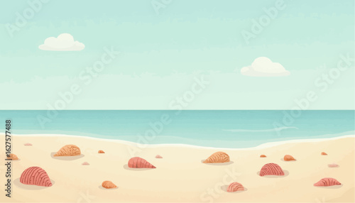 Relaxing Beach Scene with Seashells and Calm Ocean under Clear Sky