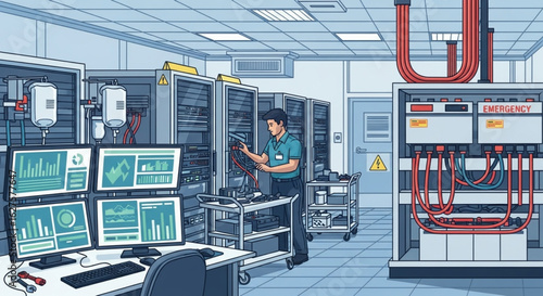 A technician works on server racks inside a modern data center, checking cables.