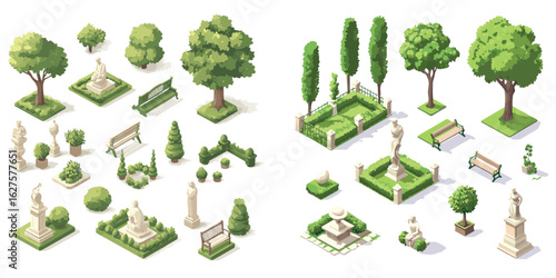set of isometric cemetery garden elements with graves, hedges, and statues for game and map design
