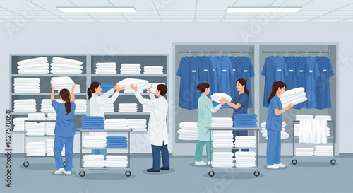 Hospital staff sorting and organizing laundry in a clean room.