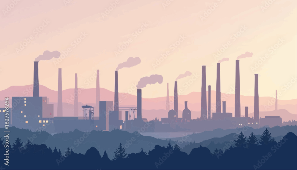 Fototapeta premium Industrial Factory with Smokestacks in Hazy Sunset Landscape