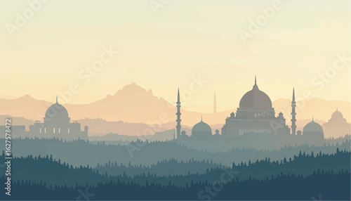 Silhouette of Historic Mosque and Ottoman Architecture with Mountain Background at Sunset