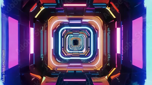 Futuristic neon tunnel with glowing lights, seamless 3D render animation loop in a cyberpunk sci-fi environment
