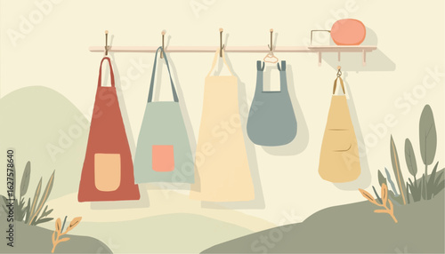 Colorful Hanging Aprons and Bags on Wall in Cozy Home Interior