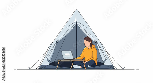 Empowered digital nomad woman works remotely in cozy camping tent, embraces work-life balance and adventure, embodying freedom and flexibility lifestyle