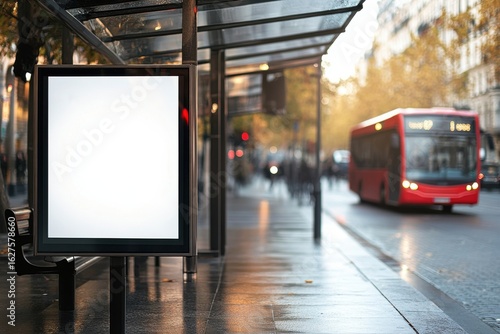 Blank Billboard at Wet Bus Stop with Red Bus and Cityscape Background for Advertisement Mockup