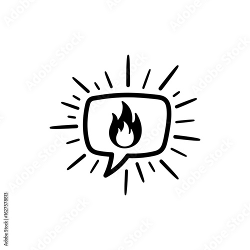 Hot Flame Icon Inside Speech Bubble Representing Viral Content and Fiery Discussions
