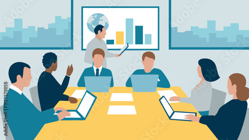 A presentation with a group of people sitting around a table with laptops and a presenter at the front