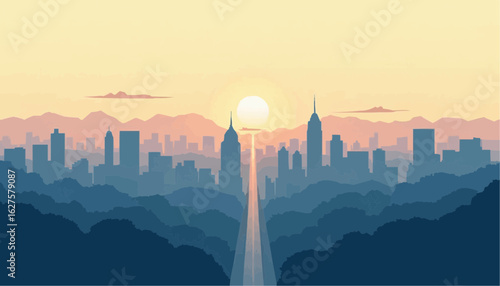 Sunrise Over City Skyline with Tall Buildings and Mountain Range in Warm Soft Light