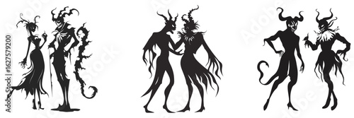 set of dancing silhouettes in devil costume for halloween or horror themes