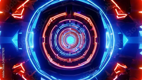 Futuristic neon tunnel with glowing lights, 3D render animation loop in a sci-fi cyberpunk style
