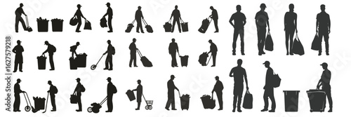 silhouettes of people cleaning with broom, mop, and trash bin in various poses