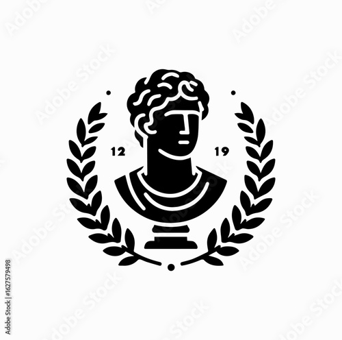 Minimalist Black Vector Logo of Roman Emperor Bust with Laurel Wreath Isolated on White Background