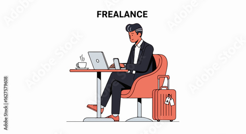 Successful businessman working remotely while traveling, embracing the freelance lifestyle, using laptop and smartphone for productivity and global business