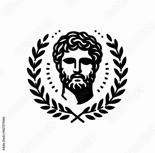 Minimalist Black Vector Logo of Roman Emperor Bust with Laurel Wreath Isolated on White Background