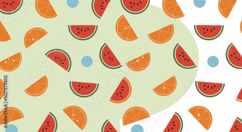 Fruit slices pattern with orange and watermelon in various positions on a pastel background.