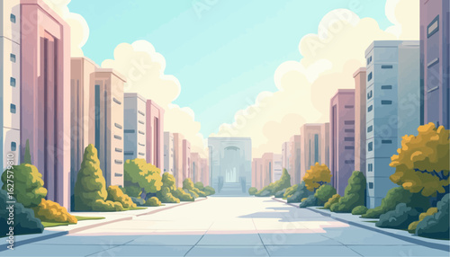 Modern Cityscape Illustration with Tall Buildings Bright Sky and Greenery