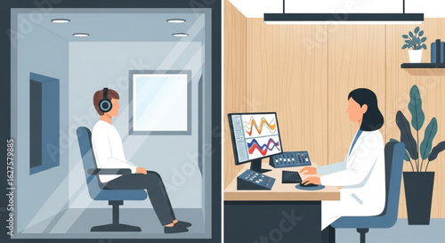 A patient undergoing a hearing test while a doctor monitors results on a computer.
