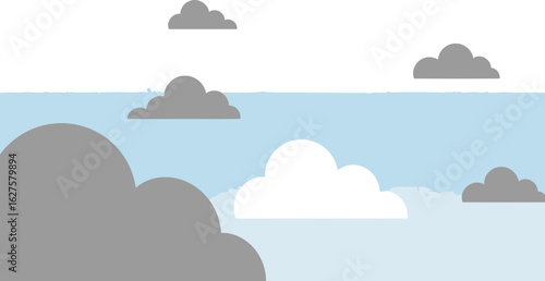Simple sky with clouds in various shades of gray and white. Cloud formations with varied shapes against a pale blue sky.