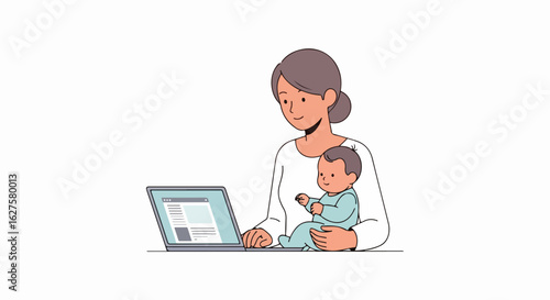Empowered working mom balancing career and childcare with laptop and baby creates a heartwarming image of modern family life, originally a vector graphic