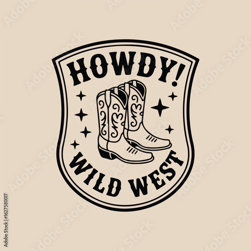 Howdy wild west cowboy boots emblem with stars and western design
