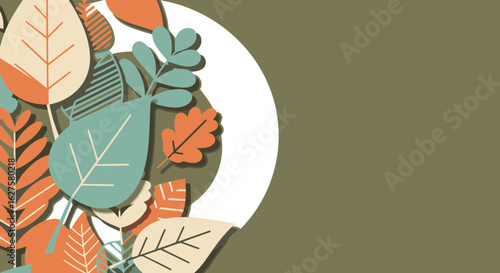 Autumnal leaf design with various colors in a neutral tone. Abstract, layered graphic pattern with soft colors and shapes in a muted palette.