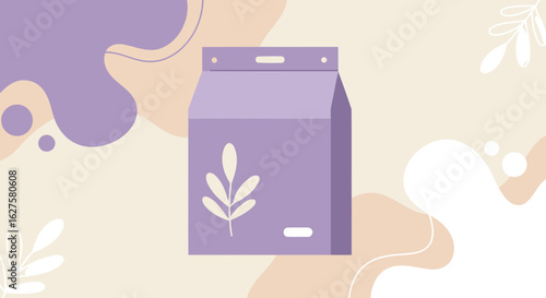 Purple food package with abstract design elements. Stylish and modern package design with a neutral background.
