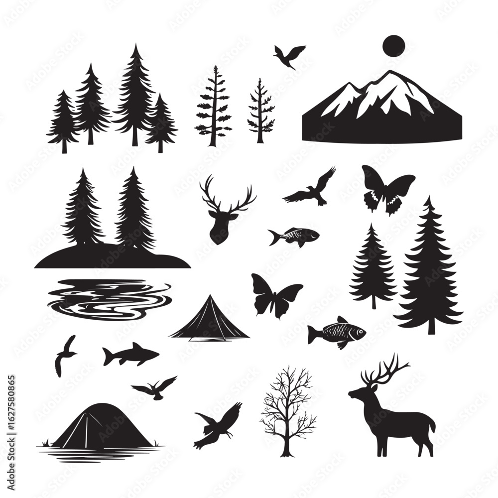 Fototapeta premium Black and White Silhouetted Outdoor Elements Featuring Mountains, Trees, Tents, and Wildlife in Vector Style