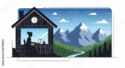 Remote worker finds inspiration in stunning mountain view cabin, enjoying freedom and productivity, a modern digital nomad lifestyle for business success