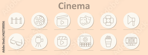 Cinema set icon. Red carpet, clapperboard, film reels, masks, popcorn, megaphone, 3D glasses, audience screen, projector, and camera icons show theater experience in outline style