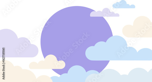 Pastel sky with soft clouds in various shades of purple and blue. Flat style clouds in a gradient color scheme, featuring a light purple sky with rounded cloud formations.