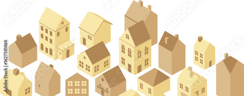 Isometric view of a charming village with various homes in muted yellow and brown tones. Simple, stylized houses are displayed in a clustered arrangement, showcasing a peaceful suburban setting.