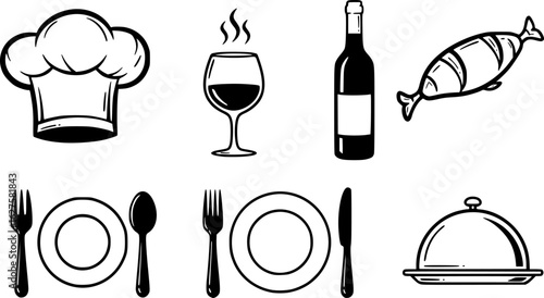 cutlery, chef's hat, wine glass, bottle, dish, plate, silhouette, vector illustration 

