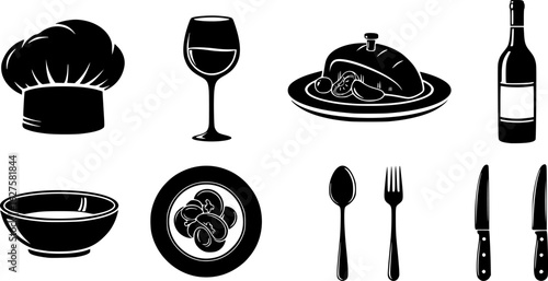cutlery, chef's hat, wine glass, bottle, dish, plate, silhouette, vector illustration 

