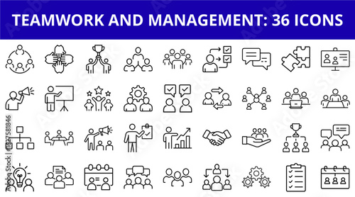 Teamwork and management icons in line art style for business concepts  