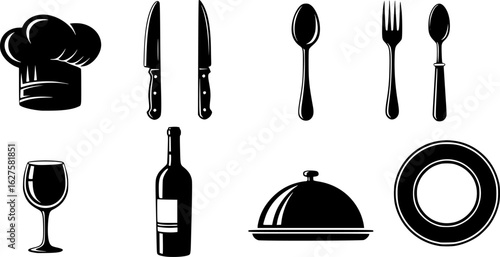 cutlery, chef's hat, wine glass, bottle, dish, plate, silhouette, vector illustration 

