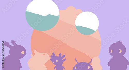 Silhouette creatures in pastel colors with a muted background of rounded shapes. Cute, stylized characters posed in a relaxed manner against a soft color backdrop.