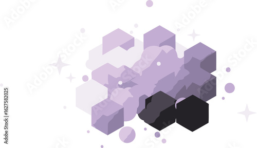 Abstract geometric design with layered cubes and spheres in shades of purple and gray. Cluster of 3D shapes against a black background.