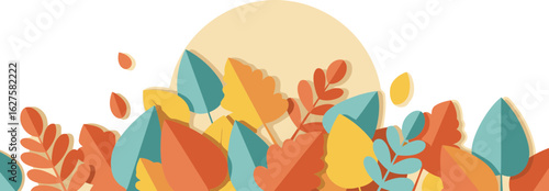Autumnal paper cut leaves arranged in a gentle fall border. Colorful foliage in varied shades of orange, yellow, and teal.