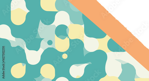 Abstract design featuring overlapping shapes in teal, white, and pastel yellow with a peach/orange gradient background. Modern abstract shapes forming a graphic pattern.