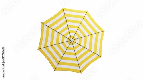 Top view yellow striped beach umbrella isolated on white background. 4k animation video.