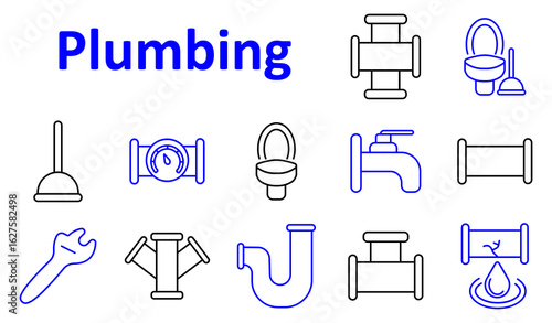 Plumbing set icon. Includes toilet, faucet, pipe, plunger, wrench, leak, gauge, fittings, water drop, connector shapes, bathroom utility icons, pressure flow tools.