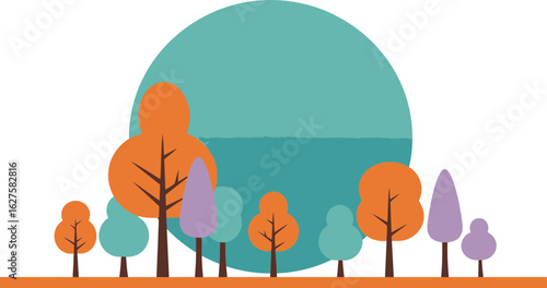 Flat design trees in a row with various autumn colors in a park-like setting. Colorful trees arranged in a horizontal line against a teal colored background, with a simple autumnal landscape.