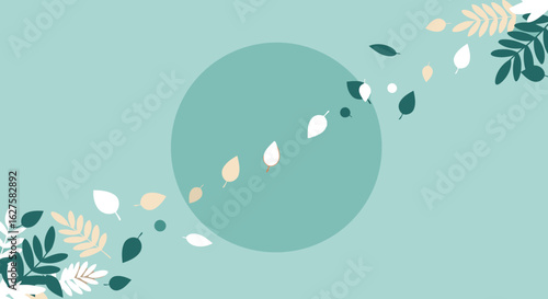 Abstract autumnal design featuring various leaves in muted tones of orange, cream, and teal on a light mint-green background.