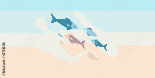 Abstract illustration of various fish swimming in a pastel-colored ocean. Swimming fish in an artistic, simplified style.