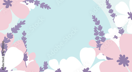 Floral pattern with light pink and lavender hues on a mint background. Abstract flowers and lavender sprigs in a soft, stylized design.